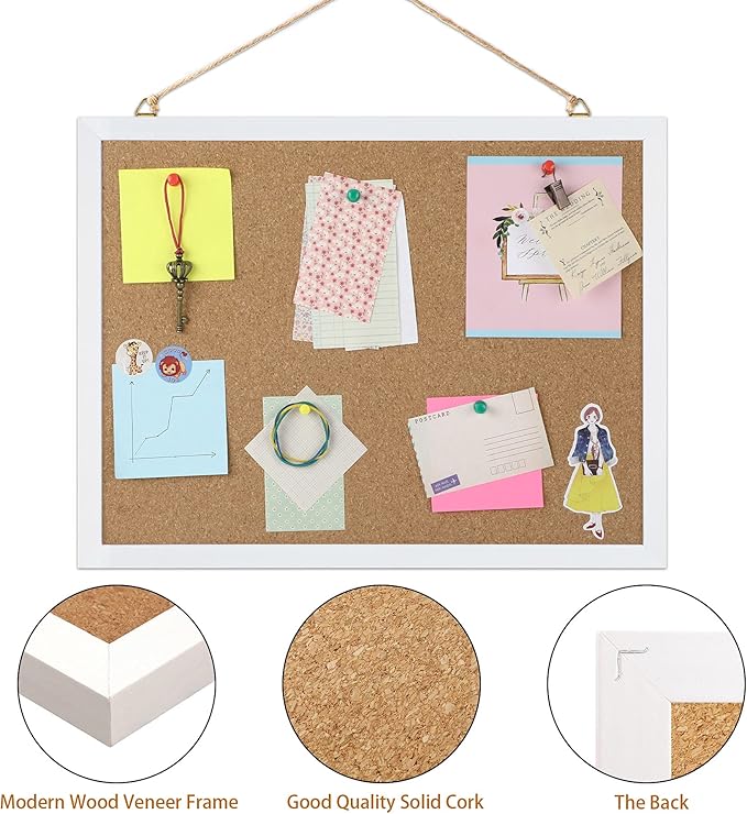 FEBSNOW Cork Board Bulletin Board 15.7 x 12 Inches with Rectangle White Frame Hanging Pin for Office Home Message Board or Vision Board Decoration