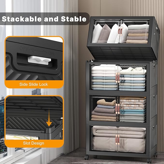 UAMFURI Extra Large Stackable Storage Bins with Lids & Wheels & Door, 448QT-112QT/28GAL*4Pack Foldable Collapsible Closet Organizers, Plastic containers drawers for bedroom Dorm