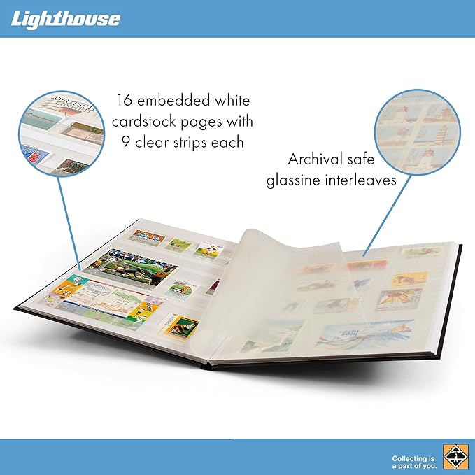 LIGHTHOUSE – “BASIC” Hard Cover Stockbook for Stamps – 16 White Cardstock 9”x12” (A4) Pages with Glassine Strips - Black