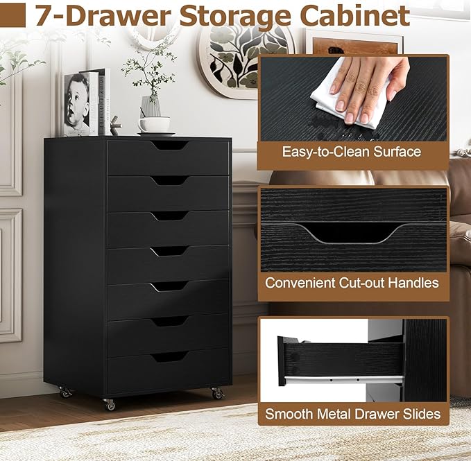 Giantex 7-Drawer Storage Cabinet, Mobile File Organizer with 4 Universal Casters, Wooden Vertical Filing Cabinet on Lockable Wheels for Office, Study, Living Room (19.5” x 16” x 34.5”,Black)