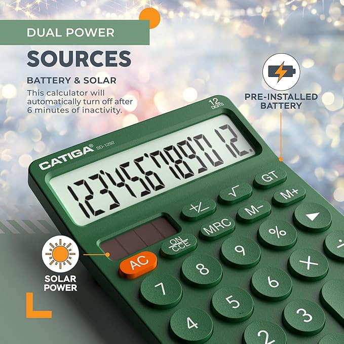 CATIGA 12 Digit Desktop Calculator Basic Desk Calculator with Large LCD Display, Big Buttons, 4 Function, Solar and Battery Dual Power, for Office, School, Home, SD-1292 Green