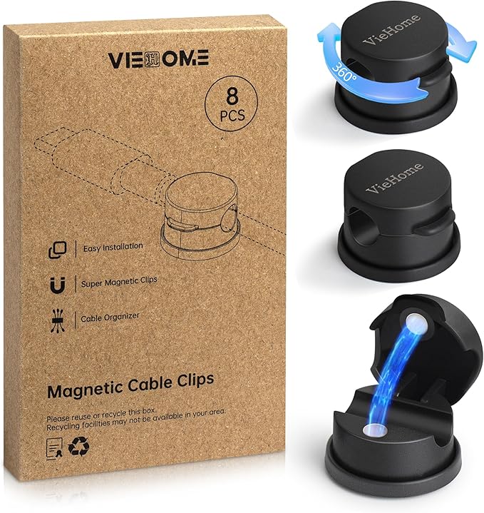 VieHome 8 Pack Magnetic Cable Management Clips - Ideal Cord Holder for Nightstand, Desk, Charger Holder - Phone Cord Holder w/360 Rotation