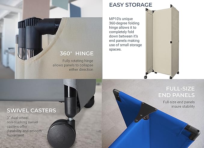 Versare MP10 Portable Folding Wall Partition | Economical 5 Panel Design | Portable Room Divider On Wheels | Adjustable, Freestanding Setup | Multiple Widths