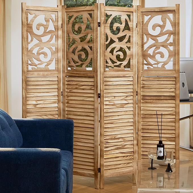 Room Divider Wood Carved Wall Divider Indoor Folding Portable Partition Screen for Home Office Garden Terrace - 4 Panel, 67 * 60inch (Wood)