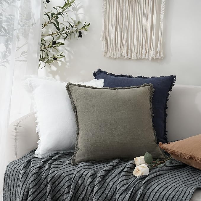 Foindtower Set of 2 Decorative Linen Fringe Throw Pillow Covers Cozy Boho Farmhouse Cushion Cover with Tassels Soft Accent Pillowcase for Couch Sofa Bed Living Room Home Decor, 22×22 Inch, Navy Blue