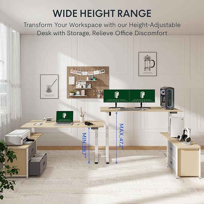 FLEXISPOT 63'' L Shaped Reversible Standing Desk with Drawers and Shelves, Large Corner Stand Up Executive Desk for Home Office, Light Wood Grain Top+ White Frame