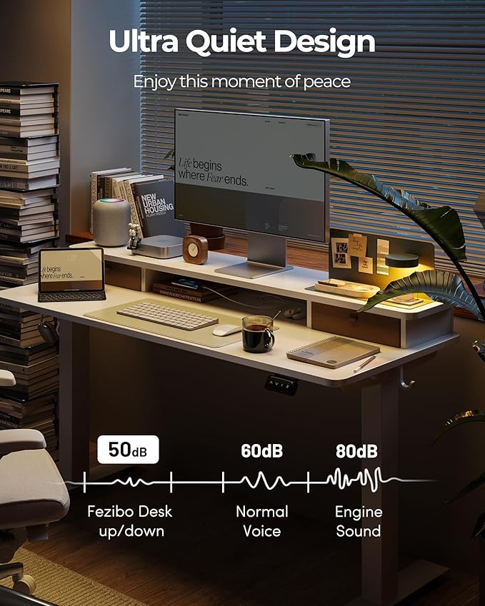 FEZIBO 48 x 24 Inch Height Adjustable Electric Standing Desk with Double Drawer, Stand up Home Office Computer Desk with 4 Height-Adjustable Feets & 2 Hooks, White