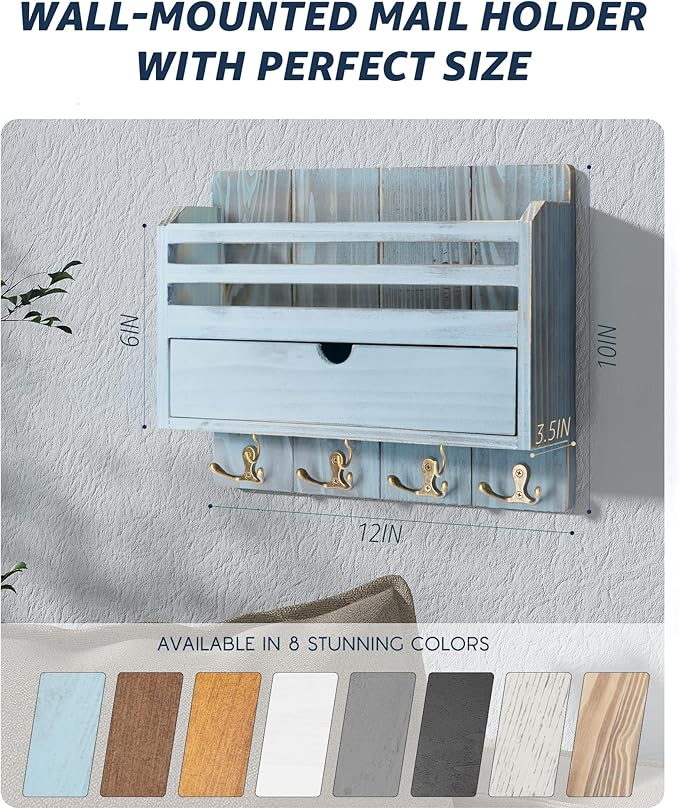 Rebee Vision Rustic Mail Organizer Wall Mounted with Drawer Organizer – Farmhouse Key and Mail Holder for Wall with 7 Key Hooks – Home Essentials for Room Decor Aesthetic (Distressed Blue)
