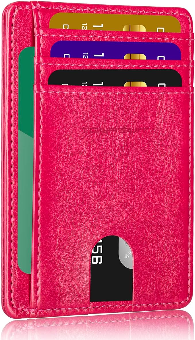 TOURSUIT Travel Minimalist Slim Front Pocket Wallet for Men Women, RFID Blocking Credit Card Holder Case (Rose Red)