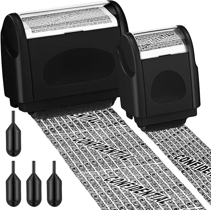 Nezyo 2 Pack Identity Protection Roller Stamp Identity Theft, Confidential, Privacy Roller Stamp Information Blocker and 4 Pack Refill Ink for ID Account Data Address Security(Black)