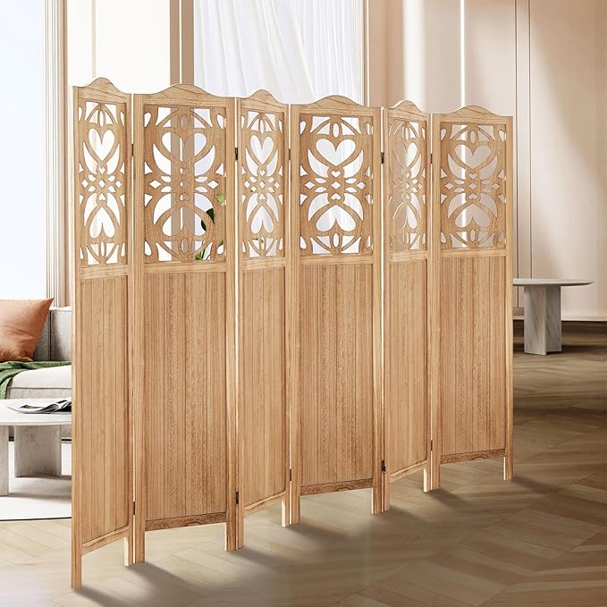 ALeesing 6 Panel Room Divider Fully Assembled, Carved Room Dividers and Folding Screens, 5.6Ft Wood Room Divider Screen Freestanding Partition Wall Dividers for Home Bedroom Office, Rustic Wood Color