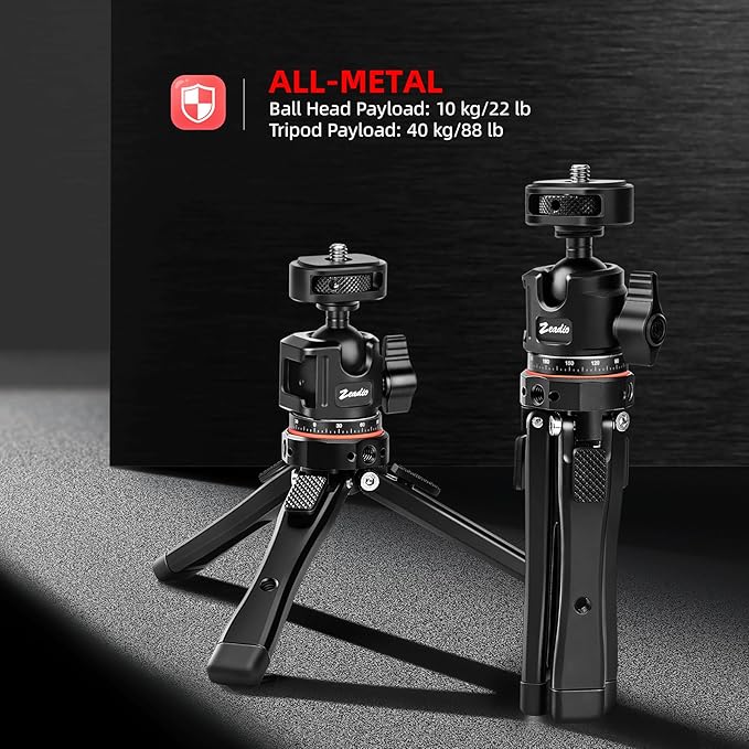 Zeadio Metal Camera Mini Tripod, with 1/4" Screw Ball Head Mount, Adjustable Heights Desktop Vlog Stand for Smooth 4 Osmo Mobile Ronin-S Vimble 2 Gimbal Handle Grip Stabilizer and All Cameras