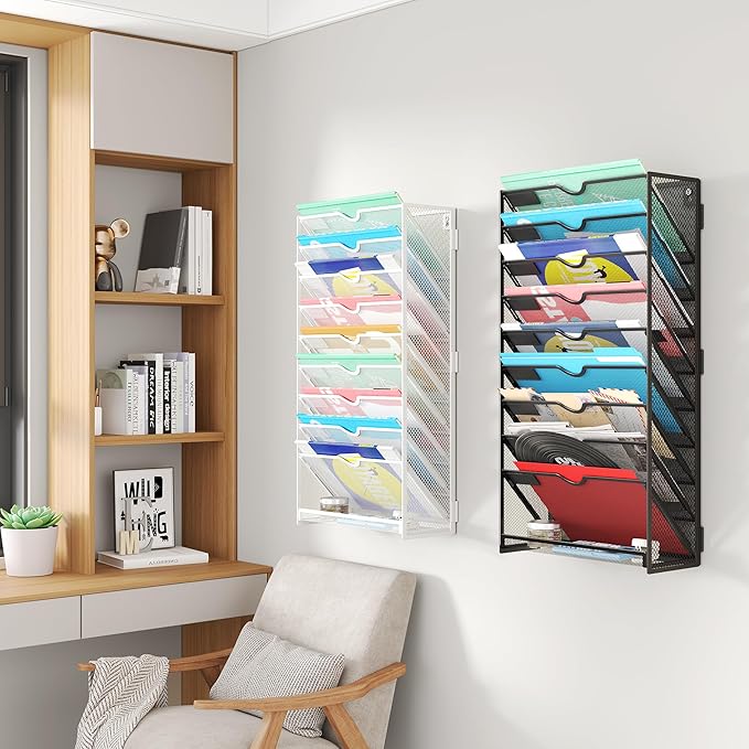 Lavatino 10-Tier Hanging File Organizer, Wall Mount File Holder for Mails Folders Papers Magazine Organization, Vertical Document Organizer for Office Home White
