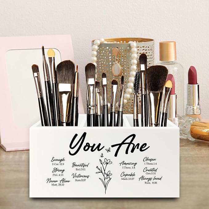QZQE You Are Christian Pen Pencil Holder Organizer for Desk, Christian Gifts for Women, Floral Inspirational Bible Verse Wooden Box Signs Decorations for Home Office Desk Tabletop