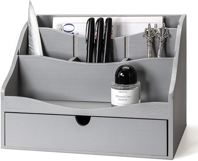 Pine Wood Mail Organizer for Desk - Rustic Farmhouse Mail Sorter Countertop Organizer for Letter Paper, Files & Everyday Essentials - Wooden Folder Organizer with Drawer for Home & Office Decor (Gray)