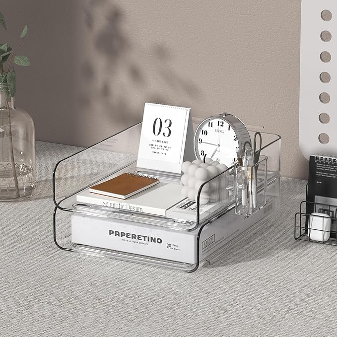 FANXIYQ 2-Tier Acrylic Paper Tray Organizer with Pen Holder | Clear Stackable Desk Organizer for Documents, Letters, A4 Paper | Modern Office/Classroom/Home Organization