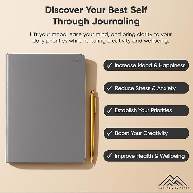 Journal For Men & Women - Gratitude Journal & Self Care Journal With Prompts - A5 Journaling Notebook - Grey - Productivity Store