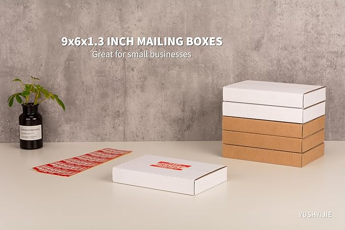 YUSHYIJIE 50 Pack 9x6x1.3 inch Small Shipping Boxes, Multi-Depth Flat Cardboard Boxes with Fragile Stickers for DVD Shipping, Packing, Moving, Storage, White