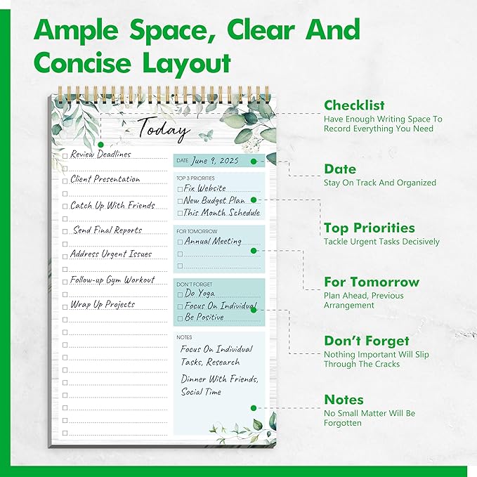 To Do List Notepad, Daily Planner Notebook with 52 Tear-off Sheets, Undated Writing Organizer for Daily Tasks and Goal, Coiled Task Track Checklist Productivity Pad for Office, Classroom, Home, School