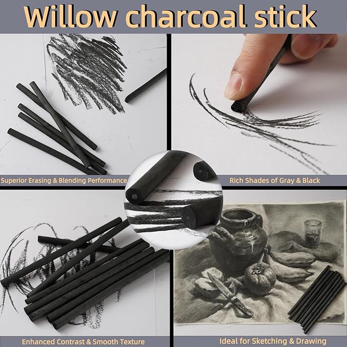 Trzzyan 25 PCS Willow Charcoal Sticks, Ideal for Artists, Beginners, Students, Perfect for Sketching, Drawing, Shading, and Fine Art, 5.7 Inches Long, 2-4,4-5,5-7,7-9 (7-9)