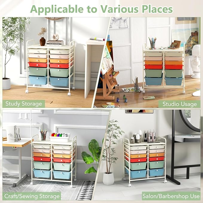 Happygrill 12-Drawer Rolling Storage Cart, Multipurpose Organizer Cart for Home Office School, Utility Cart with Wheels (Macaron)