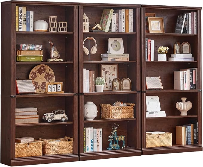RWYHG 70" Walnut Tall Bookshelf Set of 3,5-Tier Thick Wooden Book Shelf with Adjustable Shelves,Free Standing Farmhouse Bookcase with Open Display Storage,Floor Vintage Bookshelves for Living Room