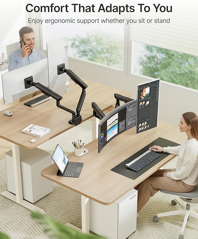 monTEK Dual Monitor Arm, Mechanical Spring Monitor Arm for 17-35" Screens, Adjustable Monitor Desk Mount Each Holds up to 24.2 lbs with C Clamp/Grommet Desk Mount, VESA 75/100mm, MA1011BK-D