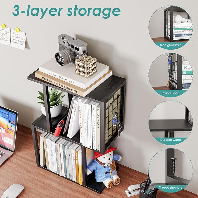 Vfelf Bookshelf Desk Organizer，3-Tier Shelf for Top of Desk Workspace Organizers for Office Accessories, Black