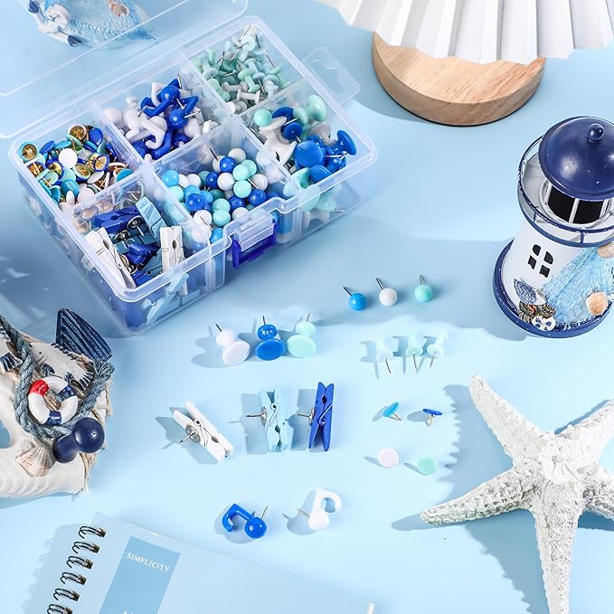 600 Pcs Decorative Push Pins, White Blue Thumb Tacks 6 Types Cute Push Pin Clips for Bulletin Board Wall Cork Board Colorful Classroom Decor Teacher Must Haves Supplies School Crafts Project