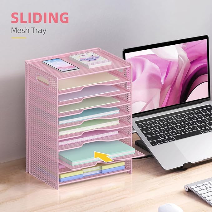 OUTWOLF 10 Tier Paper Organizer - Letter Tray Mesh Desk File Organizer with Handles for Office School Desktop,Pink