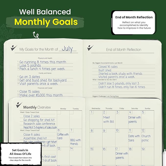 Undated Daily Planner to Achieve Your Goals 2025-2026 - 90 Day Guided Journal & Productivity Organizer with Goal Setting, Habit Tracker, To Do List, Academic & Work Calendar, Leather Hardcover - Forest Green