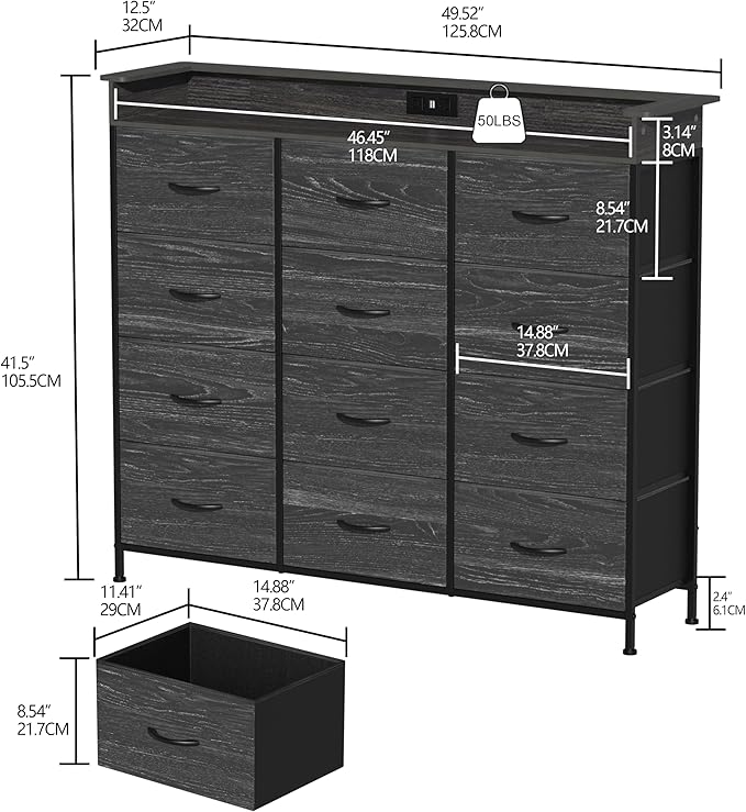 Welfuturer Black Dresser with LED Light 12 Drawers Dresser with Charging Station Dressers for Bedroom with 12 Fabric Drawers for Bedroom Hallway Entryway Closets Sturdy Steel Frame Wood Top Black