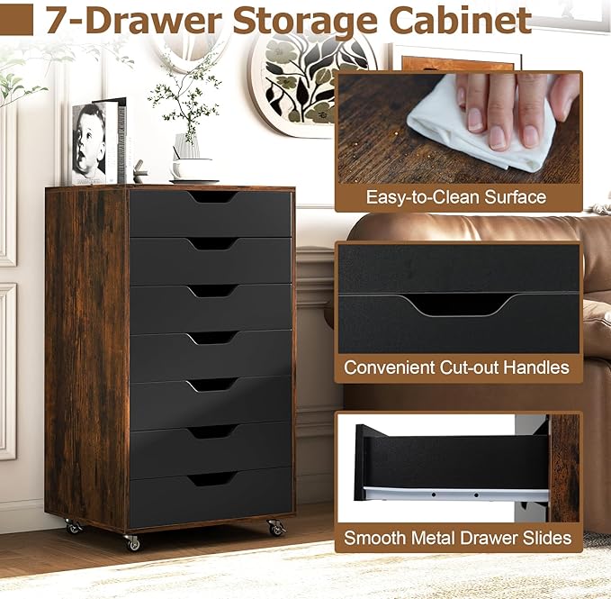 Giantex 7-Drawer Storage Cabinet, Mobile File Organizer with 4 Universal Casters, Wooden Vertical Filing Cabinet on Lockable Wheels for Office, Study, Living Room (19.5” x 16” x 34.5”,Brown+Black)