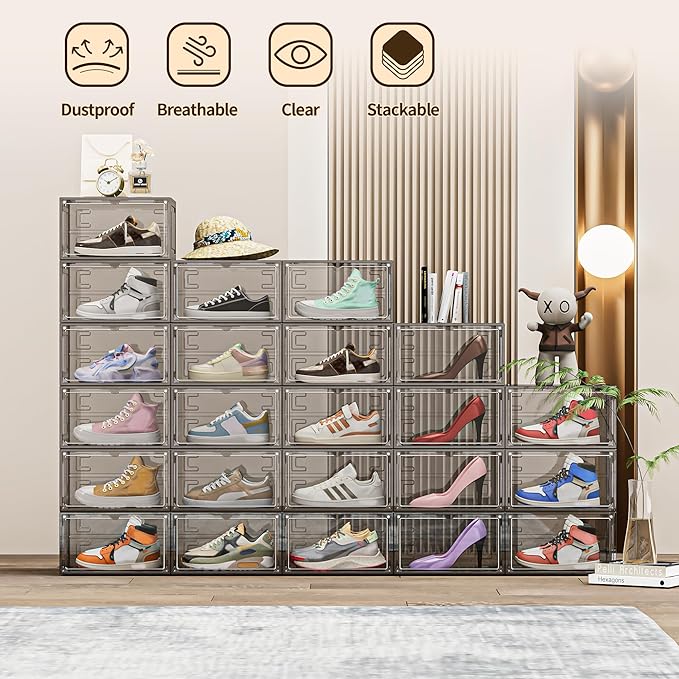 TOFWOF 10 Pack XX Large Shoe Organizer, Heavy-Duty Hard Thicken Plastic Clear Stackable Shoe Storage Box Organizer for Closet, Space-Saving Shoe Rack Display Case Bin Containers for Sneakers, Grey