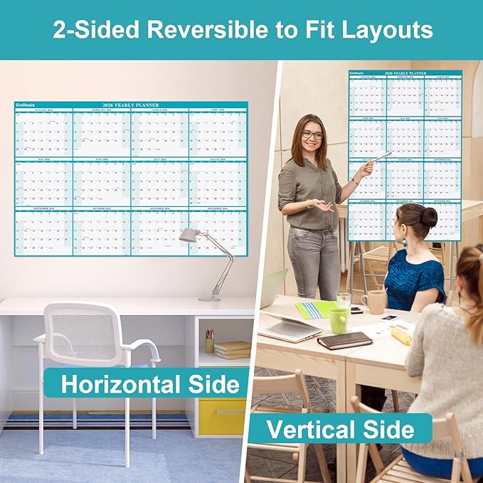 32" x 48" Exellewis 2026 Wall Calendar Erasable, Wet & Dry Erase Large Laminated Annual Yearly Planner - 12 Month Horizontal/Vertical Calendar January to December for Easy Planning, Organizing