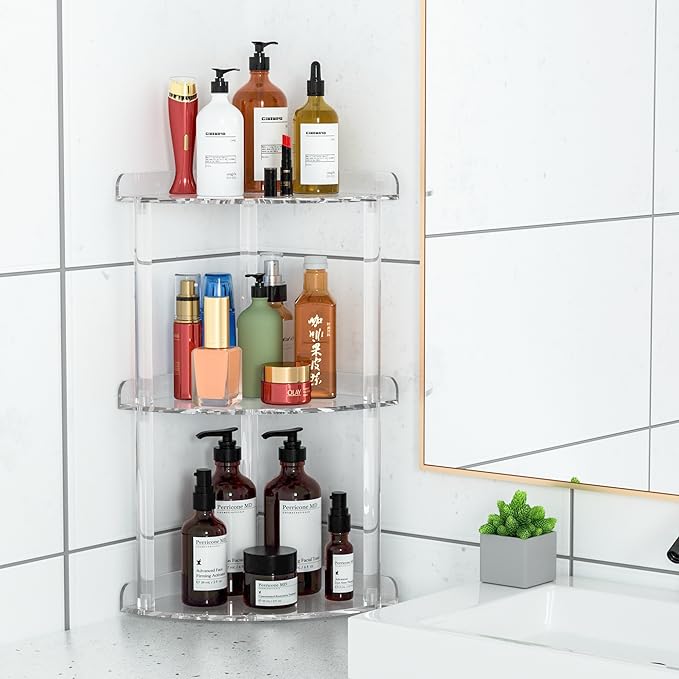 Sezanrpt 3 Tier Countertop Corner Organizer Shelf 7x7x15.7 Inch, Countertop Acrylic Bathroom Corner Shelf, Clear Vanity Storage Organizer for Cosmetics, Toiletries