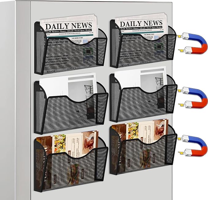 KZWKRG 6 Pack Magnetic File Holder, Magnetic Pocket Wall File Holder, Mesh Wall Paper Organizer, Vertical Mail Basket, Storage Organization Magazine Rack for Office, Home and School