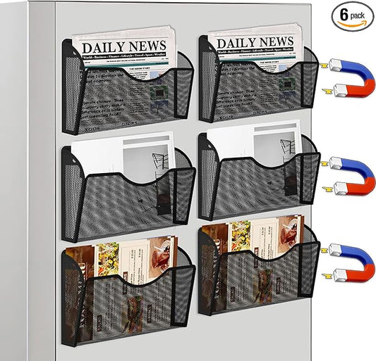 KZWKRG 6 Pack Magnetic File Holder, Magnetic Pocket Wall File Holder, Mesh Wall Paper Organizer, Vertical Mail Basket, Storage Organization Magazine Rack for Office, Home and School