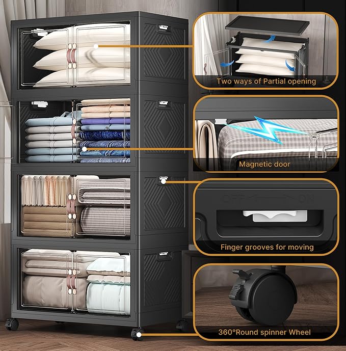 UAMFURI Extra Large Stackable Storage Bins with Lids & Wheels & Door, 1280QT-160QT/40GAL*8Pack Foldable Collapsible Closet Organizers, Plastic containers drawers for bedroom Dorm