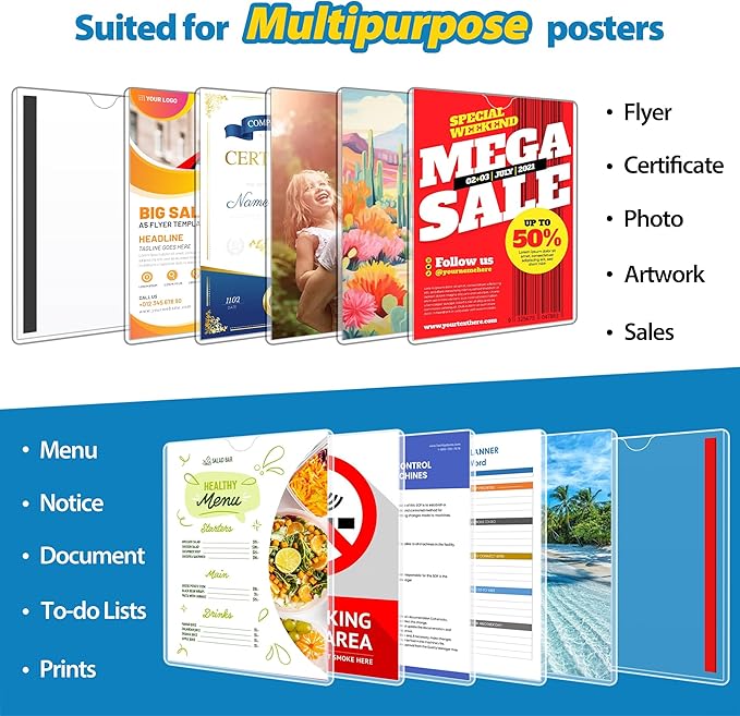 10 Pack Magnetic Sign Holder 8.5 x 11 - Plastic Wall Sign Holder with Magnet and Adhesive Tape - Magnetic Display Frame - Adhesive Plastic Frame Rigid Print Protectors Document Poster Holders