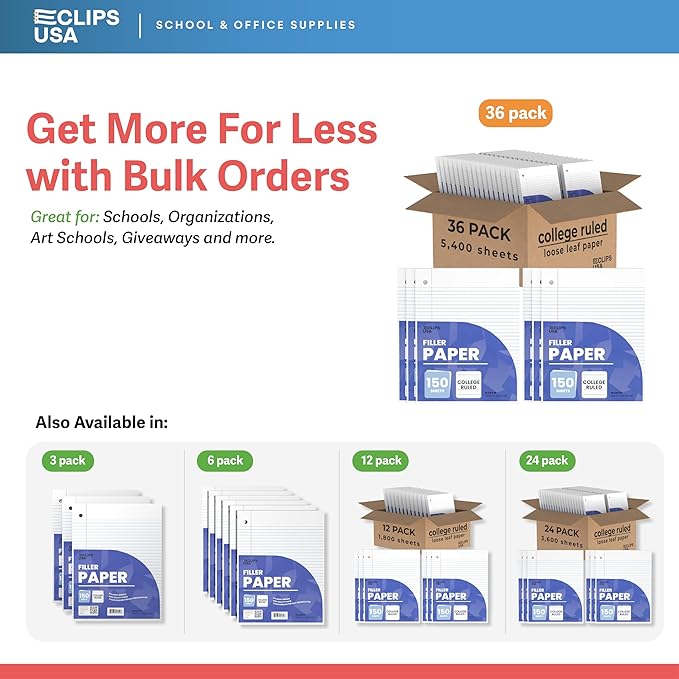Loose Leaf Paper College Ruled Notebook Paper College Ruled Lined Writing Filler Paper 10.5” x 8” 5400 Sheets 150 Sheets Per Pack 60 gsm (36 Pack)