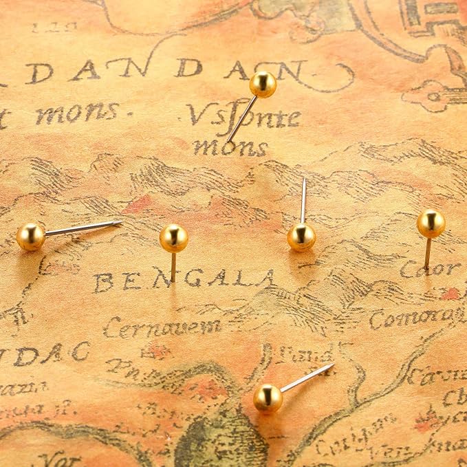 WILLBOND 500 Pack Map Push Pins Map Tacks Small Round Head Push Pins Thumb Tacks for Travel Picture Photo Bulletin Board Wall DIY Craft School Office Home(Golden,1/8 Inch)
