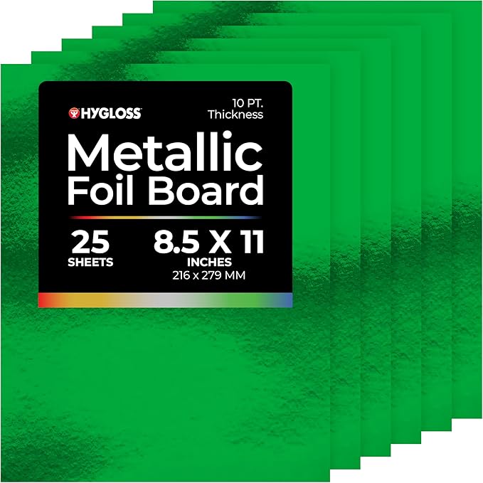 Hygloss Metallic Cardstock Sheets – 25 Shiny Green Sheets, 8.5” x 11” - Sturdy 10 pt. – Metallic Foil Board Paper for Crafts, Scrapbooking, Posters & Decorations
