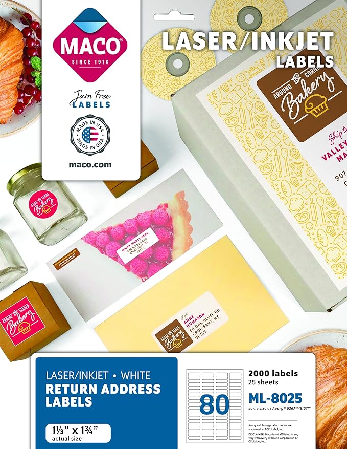 MACO Laser/Ink Jet White Return Address Labels, 1/2" x 1-3/4", 80 per Sheet, 2000 per Pack (ML-8025)