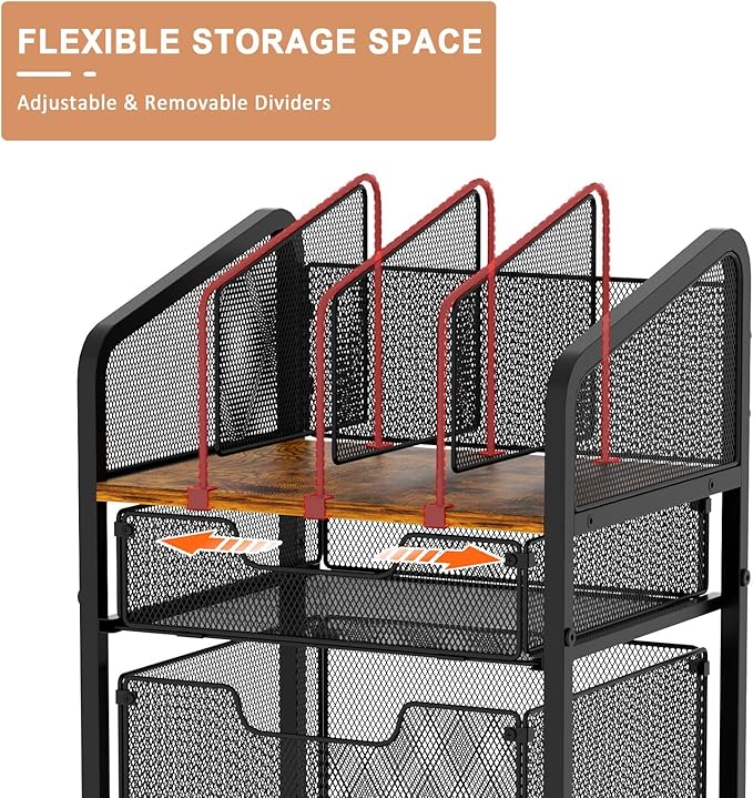 Tiaoheka Rolling File Cabinet with Adjustable Dividers, Mobile Filing Cabinet with 2 Storage Drawers on Lockable Wheels, Hanging File Organizer Beside Under Desk for Office, Home（Patent Pending）