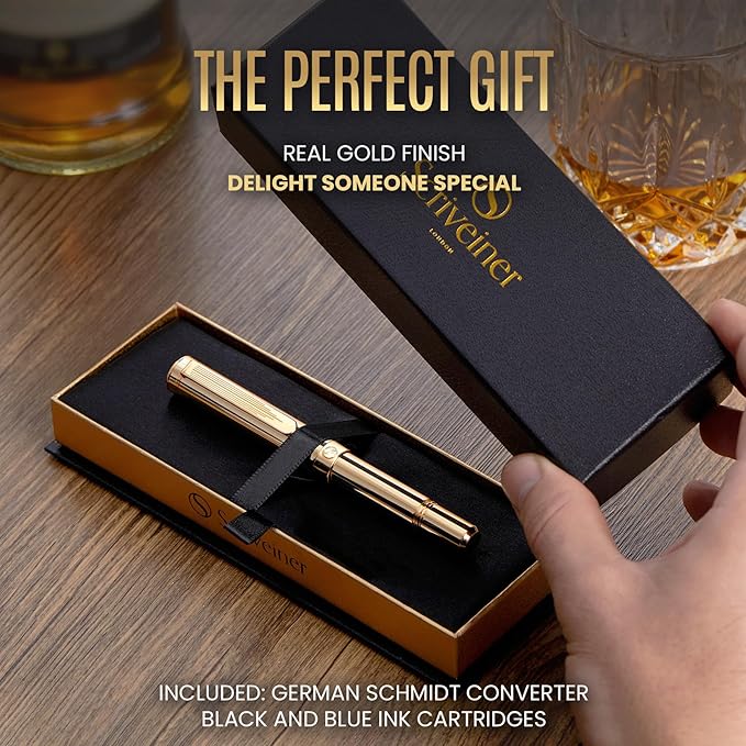 Scriveiner Gold Luxury Fountain Pen (Medium) - Award Winning - Heavy Pocket Stunning Luxury Pen, Real Gold Plating, German Nib & Converter, Nice Gift Pens for Men & Women