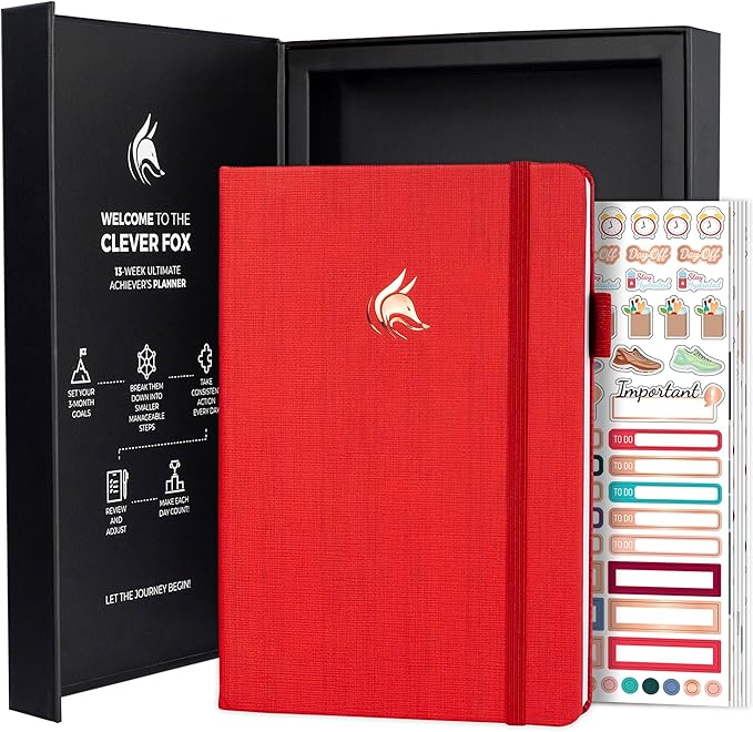 Clever Fox Ultimate Achiever’s Goal Planner - Focus & Productivity 90 Day Journal. Undated Daily Weekly Monthly Planner Organizer & Hourly Schedule Notebook - Hardcover, A5 Size, Ruby Red