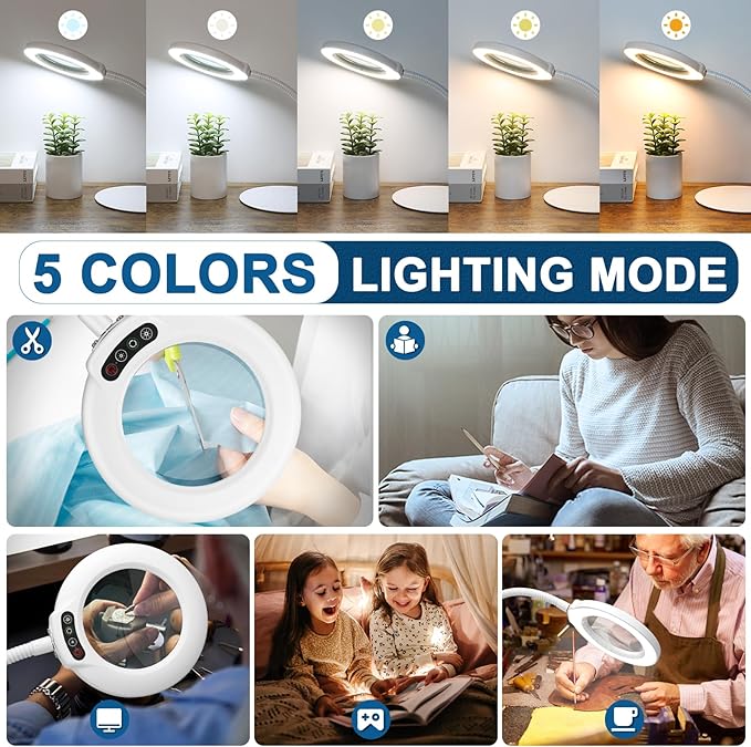 IVMAIE 10X Magnifying Glass with Light, Real Glass Lens, 5 Color Modes Dimmable, Flexible Gooseneck Lighted Magnifier with Stand, LED Desk Lamp Hands Free for Crafts Painting Reading Close Work, White