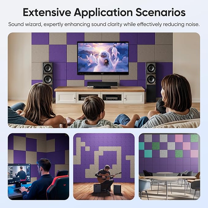 UNECHO 12 Pack 12" X 12" X 0.4" Acoustic Panels for Wall Sound Absorbing, Square Self-Adhesive Sound Panel, High Density Suitable for Multiple Scenarios(Violet)