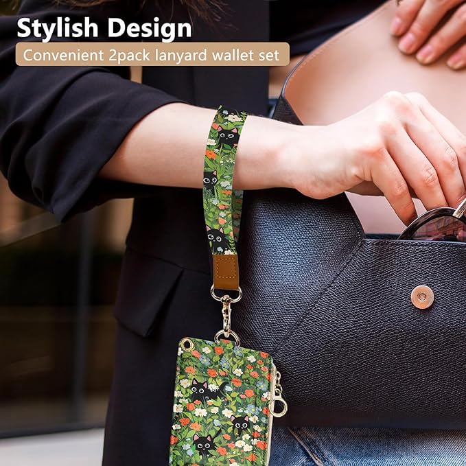 bolimoss Cute 2-in-1 ID Badge Holder & Lanyard Wallet, Black Cat Floral Wallet with Removable Wristlet & Neck Lanyard, Clear Window, 5 Card Slots, 1 Side Zipper Pocket, Ring Keychain